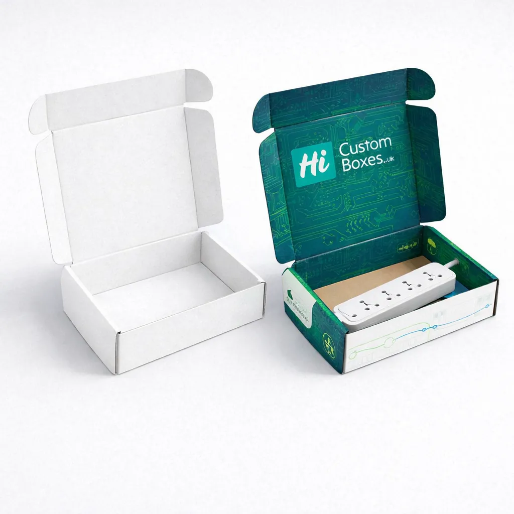 Two open mailer boxes, one minimalist white and one teal branded box containing an extension lead. class=